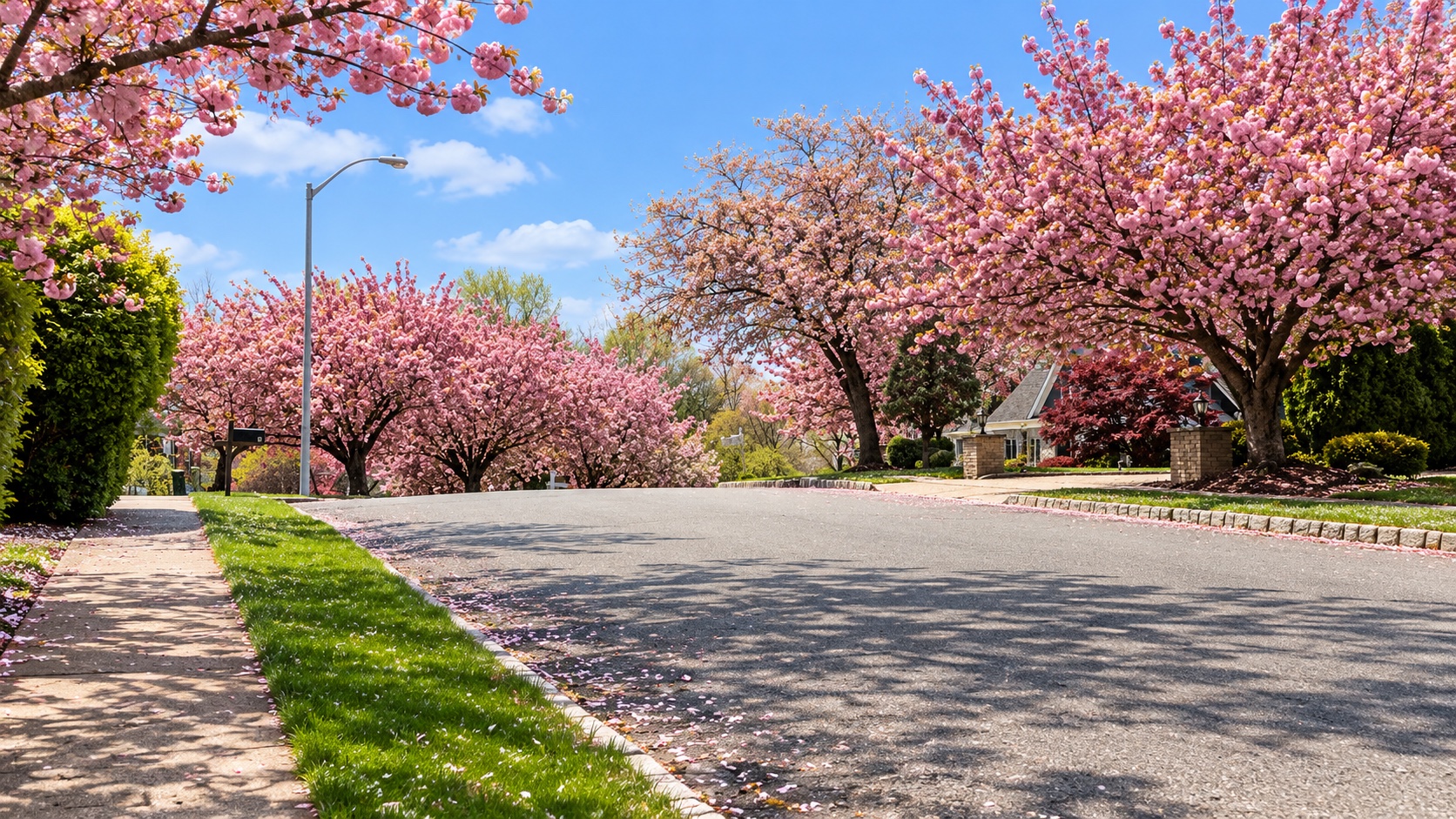 Spring streetscape with mature cherry blossoms along a residential street